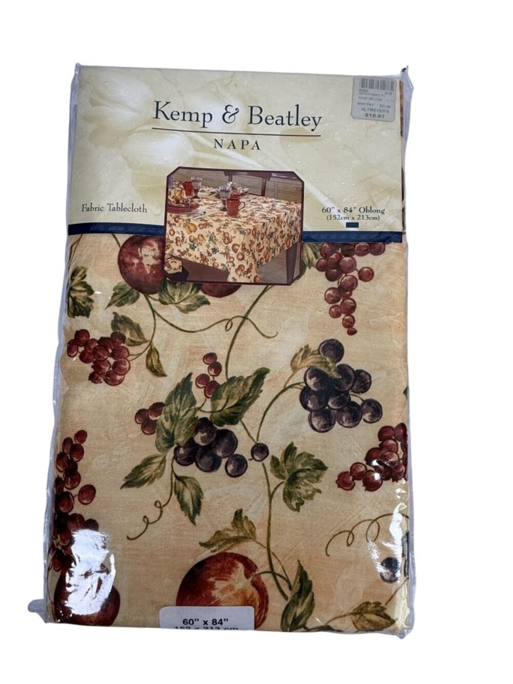 Kemp & Beatley Napa Fabric Tablecloth 60" X 84" Oblong Grapes Fruit Wine Tuscan